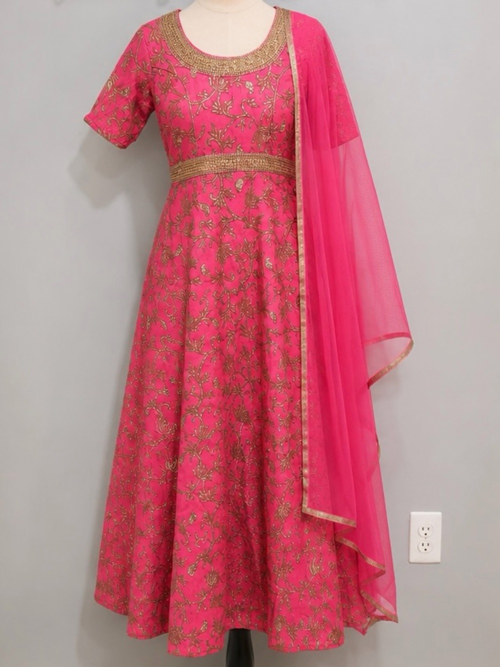 Hot Pink and Gold Embroidered Anarkali Dress